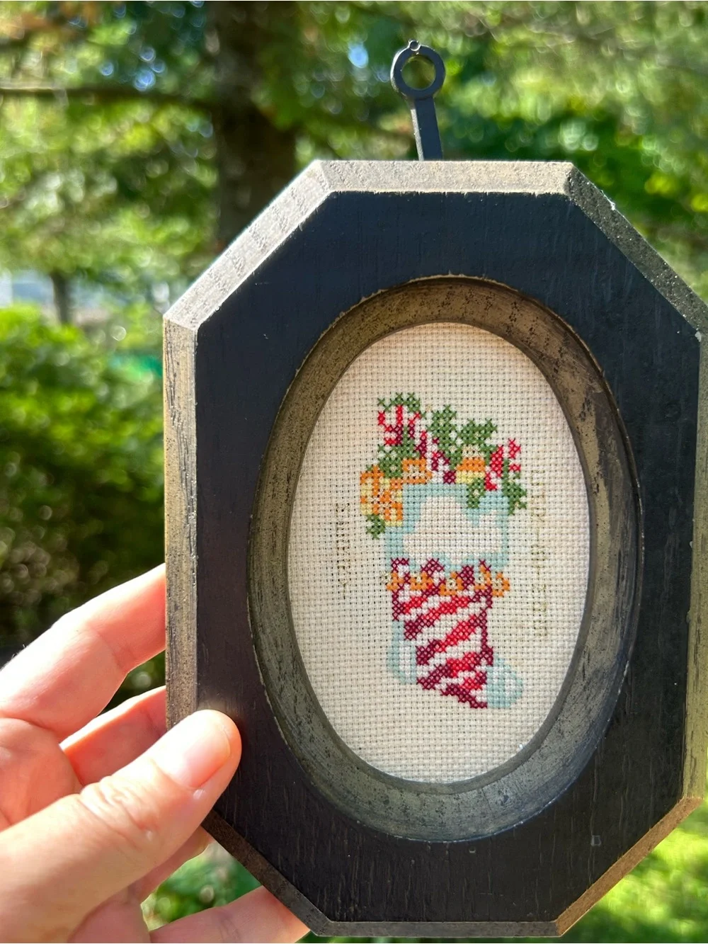 Vintage Cross Stitch Handmade Holiday Stocking Wall Hanging Merry Christmas 5x9